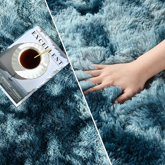 Deerhoo Large Shag Area Rugs 6 x 9, Tie-Dyed Plush Fuzzy Rugs for Living Room, Ultra Soft Fluffy Furry Rug for Bedroom, Indoor Carpet Nursery Rugs for Kids Room Home Decor, Peacock Blue