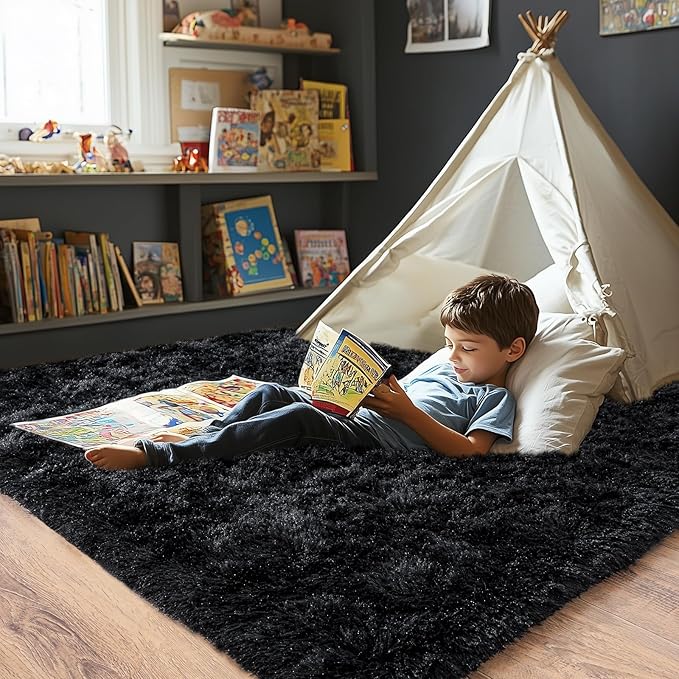 Pionblank Super Fluffy Area Rug for Living Room 5x7 Feet, Modern Indoor Shaggy Carpet, Soft Plush Non Slip Rugs for Bedroom Kids Room Cloakroom Home Decor, Black