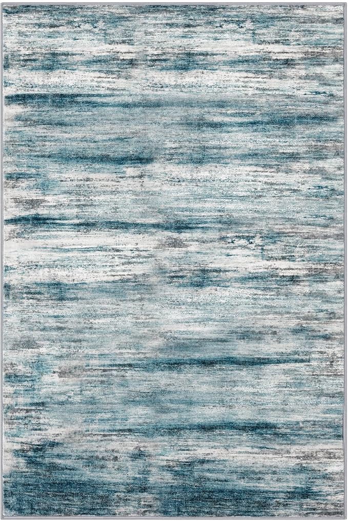 KOZYFLY Area Rug 9x12 Modern Ombre Living Room Rug, Washable Large Thin Rugs Non-Slip Soft Striped Rug for Bedroom, Print Blue Abstract Carpet for Laundry/Kid Room