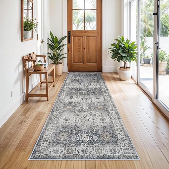 Washable Runner Rug 3x8 - Hallway Runner Rug Kitchen Rugs and Mats Non Skid Washable Waterproof Carpet Runner for Living Room Bedroom Bathroom (Grey, 3X8)