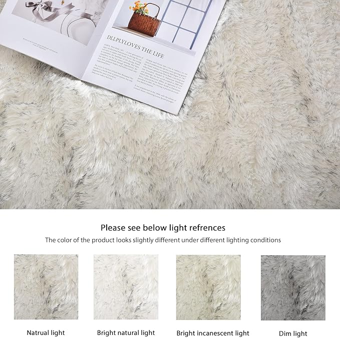 ORINOVA White and Grey Shaggy Round Rugs 6.6ft Large Circle Washable Faux Sheepskin Furry Fur Rugs for Bedroom Living Room Nursery Rug Home Décor