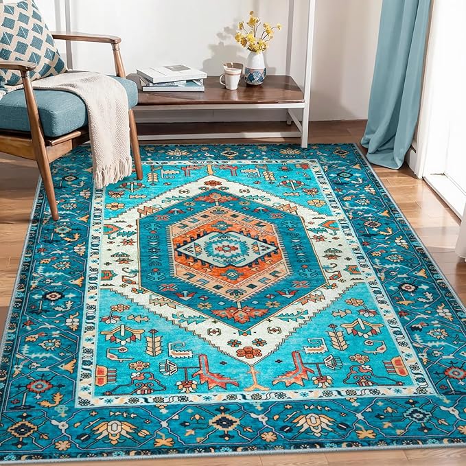 SERISSA Boho Area Rug 5x7 Blue, Washable Rugs for Living Room, Ultra Soft Non-Slip Bedroom Rug Print Distressed Vintage Tribal Farmhouse Carpet Rug for Dining Room Dorm Office Home Decor