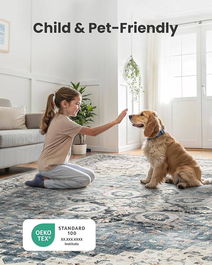 AMADA HOMEFURNISHING Round 4ft Area Rugs, Low-Profile Washable Rug with Non-Slip Backing & Durable Edge Binding, Vintage Rugs for Living Room, Bedroom, Dinning Room