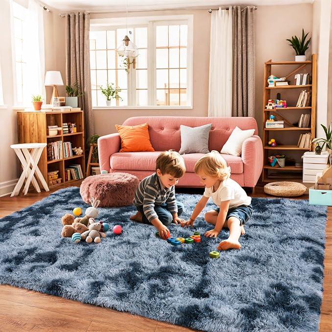 Pionblank Super Fluffy Area Rug for Bedroom 5x7, Modern Indoor Shag Carpet, Soft Plush Non Slip Rugs for Living Room Kids Room Cloakroom Home Decor, Blue Grey