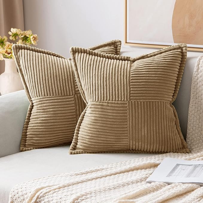 MIULEE Decorative Euro Sham Throw Pillow Covers for Couch Bed Livingroom 22x22 Inch Set of 2 Khaki Boho Accent Throw Pllows Broadside Striped Patchwork Soft Corduroy Pillowcases