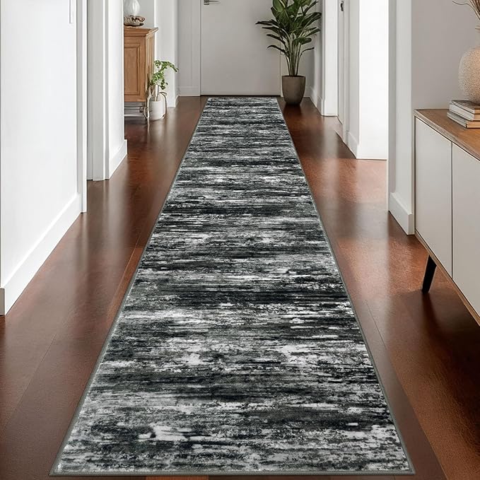 KOZYFLY Modern Abstract Washable Rug Runner 2.6x16 Hallway Rug Runner Non-Slip Soft Kitchen Runner Rugs, Black Grey Striped Carpet for Stair Entryway Bathroom Laundry Room Foyer