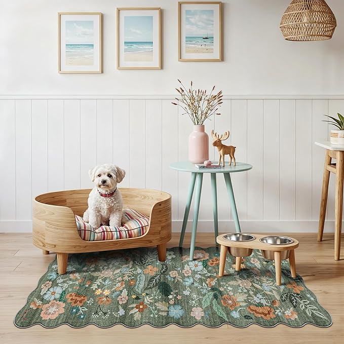 2x5 Washable Kitchen Area Rug: Floral Scalloped Entryway Runner Farmhouse Non-Slip Floor Carpet for Hallway Bathroom Soft Comfort Tile/Hardwood Floors Protection Mat Cute Home Decor(2x5, Floral/Green)