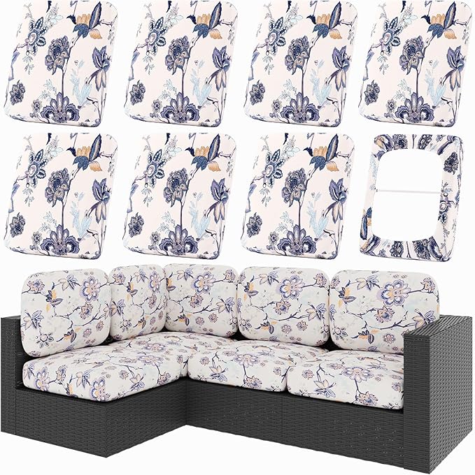 hyha 8Pcs Patio Cushion Covers, Stretch Outdoor Couch Cushion Covers, Washable Outdoor Chair/Sofa Slipcovers for Patio Furniture Cushions Protector with Elastic Bottom(Vintage Flower,Cover Only)
