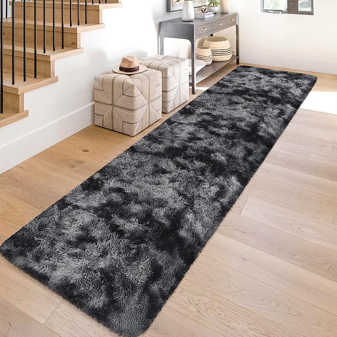 Tie-Dyed Runner Rug for Bedroom Black Grey 2x10ft Fluffy Area Rug Bedside Runner Rug for Kids Room Boys Teens Nursery Baby Living Room Dorm Home Decor Carpets