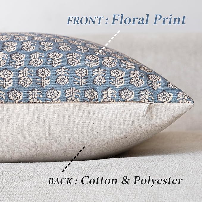 Foindtower Set of 2 Decorative Neutral Body Lumbar Throw Pillow Covers Vintage Accent Farmhouse Cushion Covers Floral Home Decor for Sofa Couch Chair Bedroom Living Room,14×36 Inch,Dusty Blue