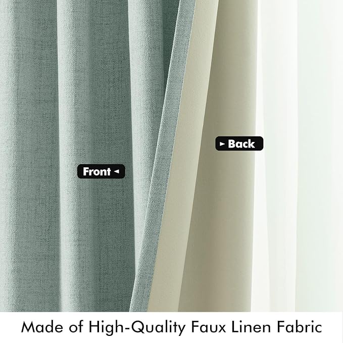 MIULEE 100% Blackout Linen Curtains for Bedroom, Seafoam Green Solid Luxury Decor Thermal Insulation Room Darkening Drapes for Living Room Nursery Back Tab Rod Pocket 42 x 63 Inches, 2 Panels