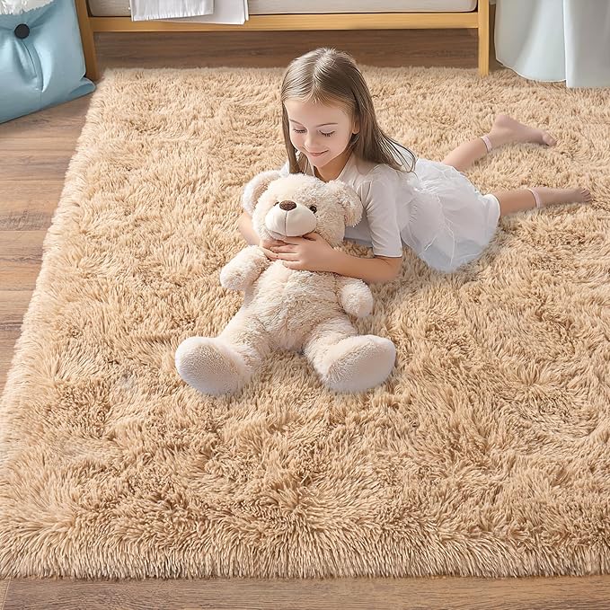 Pionblank Fluffy Area Rug for Bedroom 4x6 Feet, Indoor Plush Carpet, Shag Soft Bedside Rug, Cute Comfy Furry Rug for Living Room Dorm Girls Boys Room Nursery Decor, Camel