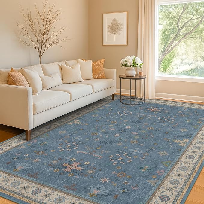 Boho 7x9 Living Room Rugs - Modern Dark Blue Dining Room Rug for Under Table, Lightweight Washable Foldable Low Pile Carpet, Eclectic Floral Bedroom Décor Aesthetic