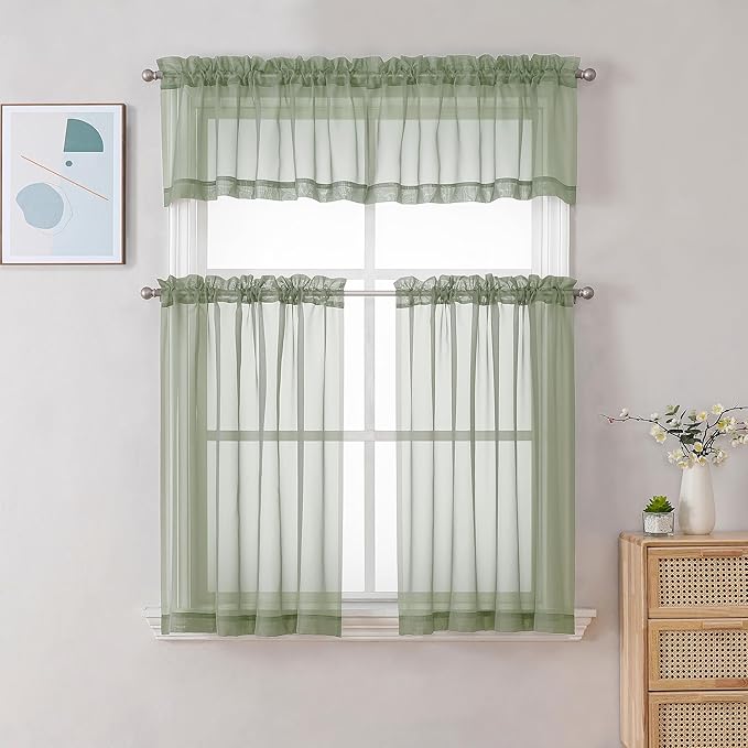 Chyhomenyc Sheer Sage Green Valances for Windows 2 Pack, Small Window Curtains for Living Room Bathroom Cafe Laundry Basement, Modern Top Dual Rod Pocket Voile Curtain, 42W x 18L inches, Sage Green
