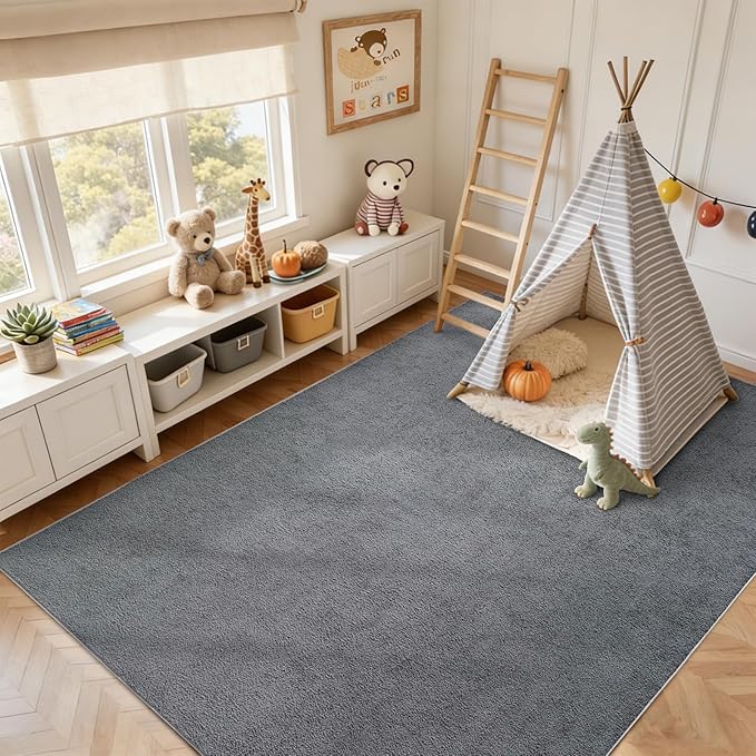 FinRèc 5x7 Washable Area Rugs for Bedroom Living Room, Low Pile Thin Rug Solid Color, Non-Slip Carpet Indoor for Home Decor (Pure Dark Grey)
