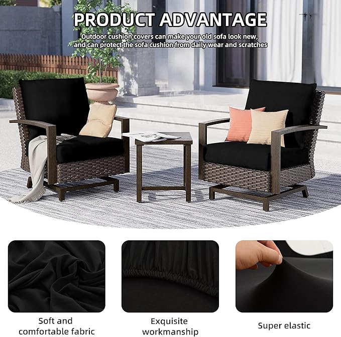 8Pcs Outdoor Cushion Covers, Patio Cushion Covers,Stretch Elastic Slipcovers, Replacement Washable & Reusable Furniture Protector for Patio Couch (Black,Cover Only)