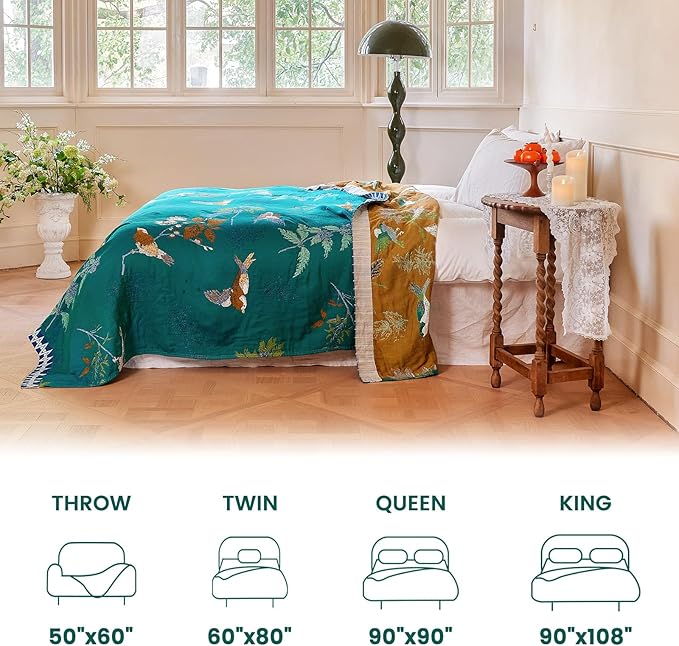 MSGKV The Boho Layer: 50"x60" Cotton Throw Blanket – Lightweight & Reversible Aviary Botanical Pattern, Decorative Accent for Couch Snuggles, Bed Layers & Road Trips