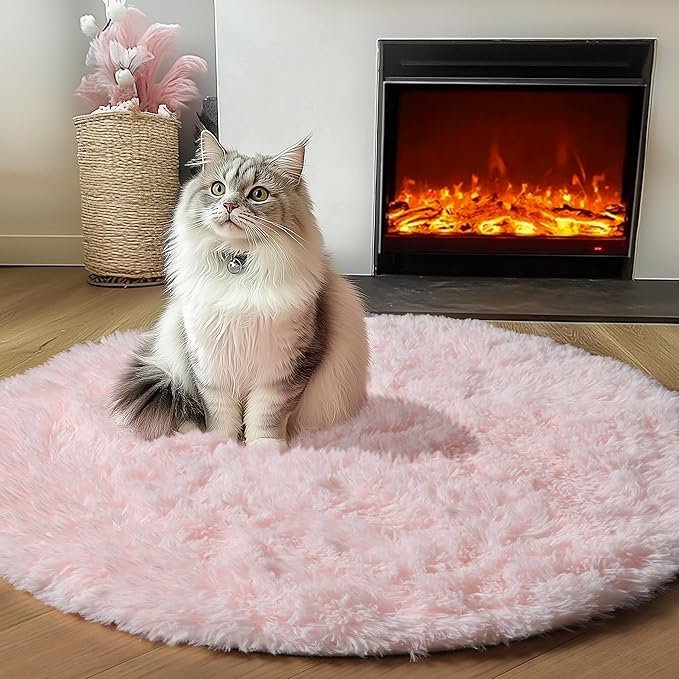 ONASAR Light Pink Round Area Rugs 2ft for Bedroom Living Room, Fluffy Cat Dog Bed Mat, Circle Rug for Kids Girls Boys Teen, Soft Plush Shaggy Carpet for Nursery Dorm Home Decor Aesthetic