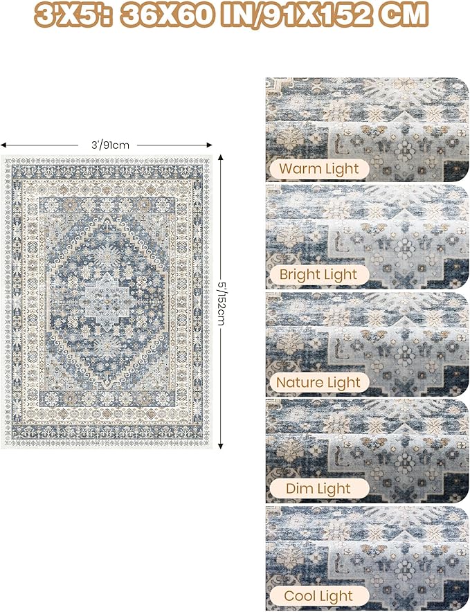 3x5 Washable Area Rug for Entryway, Kitchen Rugs Non Slip for Dining Room, Vintage Floral Soft Living Room Rug, Thin Area Rug Indoor for Bedroom, Kids Room Decor(Blue/Beige,3'x5')