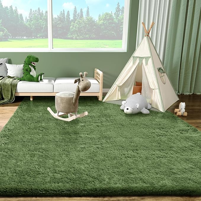 Ophanie Gray Green Rug Grass Area Rugs for Bedroom, 4x6 Shag Fluffy Carpet, Fuzzy Furry Plush Soft Cute Kids Baby Girls Shaggy Bedside Indoor Floor Carpets for Teen Dorm Home Decor Aesthetic, Nursery