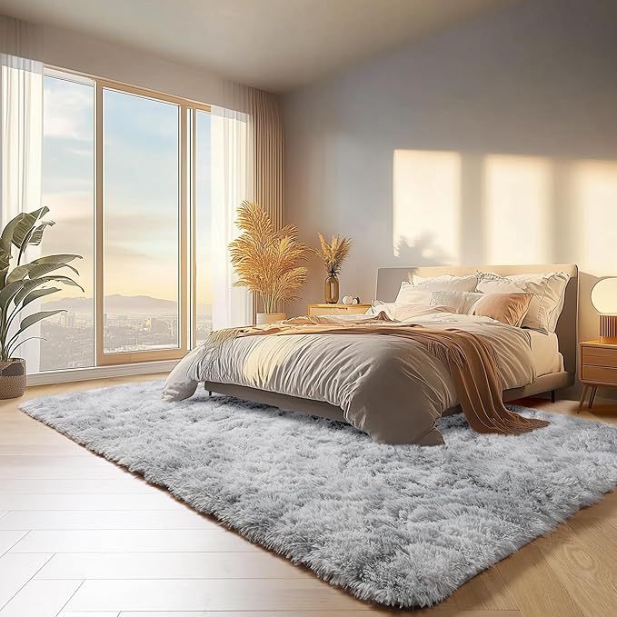 ONASAR Rugs for Living Room Bedroom, 5x8 Fluffy Tie-Dyed Light Grey Bedside Area Rug, Soft Plush Shaggy Floor Carpet for Nursery Kids Girls Boys Teen Dorm Home Office Decor Aesthetic