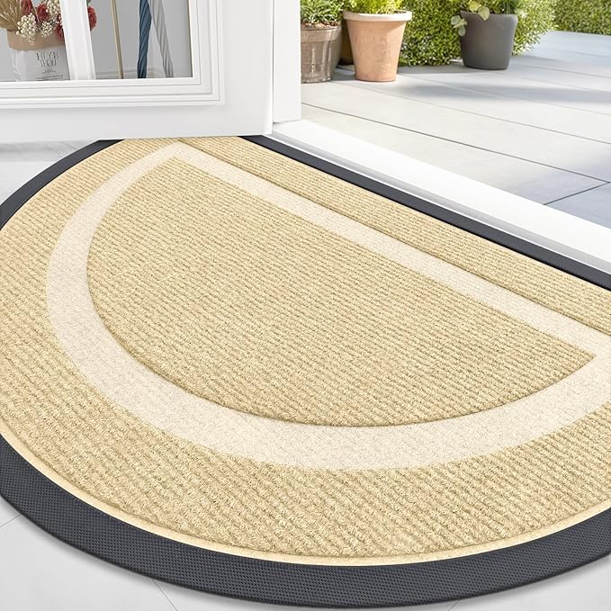 OLANLY Half Circle Door Mat Indoor Outdoor Entrance Welcome, Waterproof All-Season, All-Weather Doormat, Sturdy Natural Rubber, Low Profile, Easy Clean Patio Porch Entryway Mat, 33x21, Beige