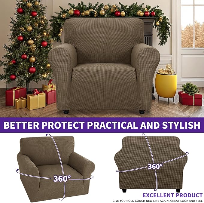 ZNSAYOTX Super Stretch Chair Slipcover Universal Sofa Chair Covers for Living Room Dogs Pet Furniture Protector Spandex Armchair Slipcovers with Anti Slip Foam Sticks (Brown, Chair)