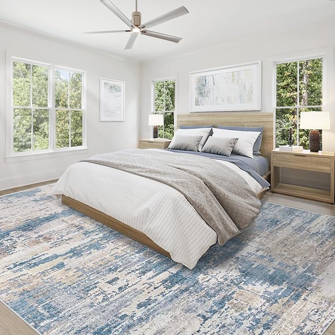 9x12 Area Rug for Living Room, Washable Modern Abstract Large Area Rug Neutral Soft Non Slip Kids Rug Stain Resistant Indoor Carpet for Bedroom Dining Room Playroom Office(BlueBeige, 9'x12')