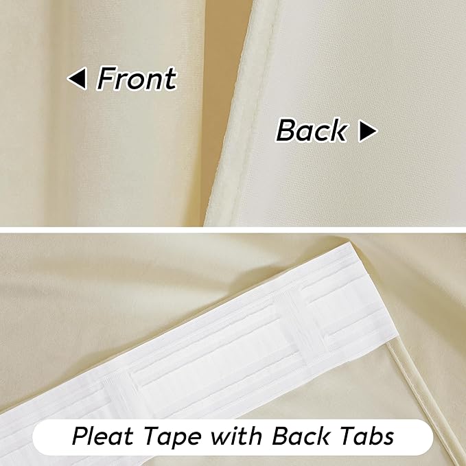 RYB HOME 90 inches Beige Velvet Curtains - Rod Pocket & Back Tab Super Soft Winter Window Panels Privacy Theraml Insulted Drapes for Bedroom Bathroom, W52 x L90, 1 Pair