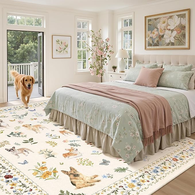 Soalmost Dog 8x10 Area Rugs for Living Room, Machine Washable Animal Floral Vintage Rug Non-Slip Low Pile Soft Throw Large Rugs for Bedroom Dining Room Kitchen Nursery Playroom (8 x 10,Beige)