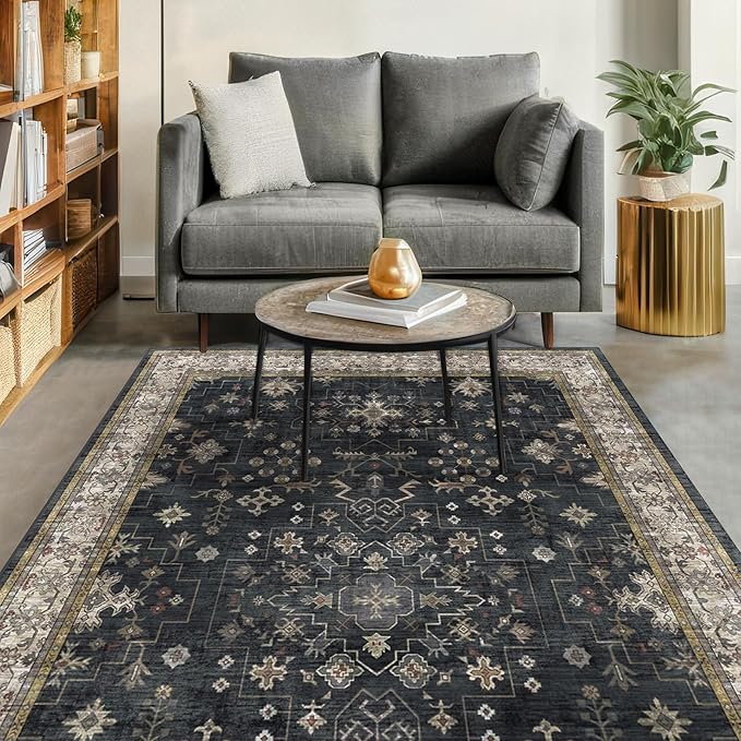 Hazo Haus Boho Dining Room Rugs for Under Table - 7x9 Washable Black Area Rug for Living Room, Low Pile Non-Slip Rugs for Bedroom Under Bed - Charming Farmhouse Decor & Stain Resistance - Black/Multi