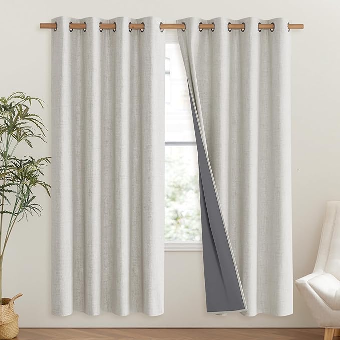 NICETOWN Snowbound Vintage Linen 100% Blackout Curtains for Living Room, Thermal Insulated Curtains 72" Long, Noise Reducing Window Treatment Drapes for Hall Room, 52" Wide Per Panel, Set of 2