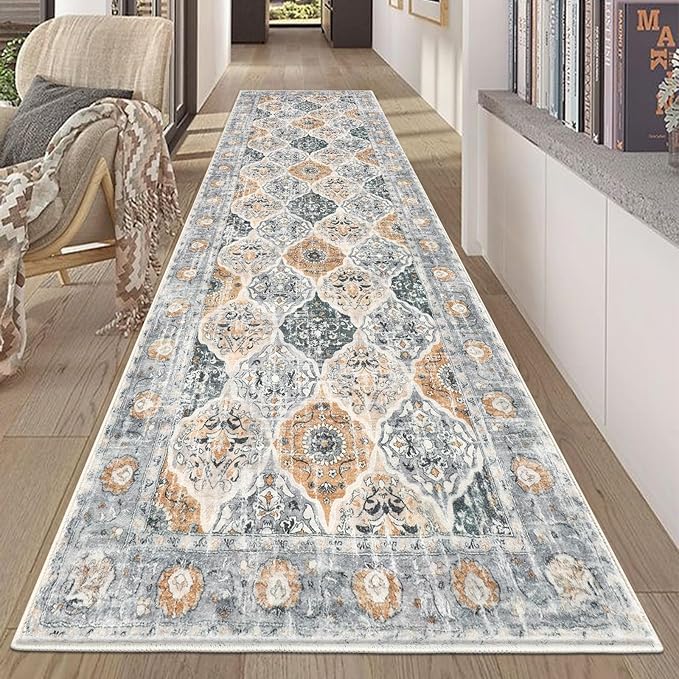 HEBE Hallway Runner Rug 2'8"x8' Washable Vintage Distressed Area Rugs Non Slip Laundry Rug Runner Boho Floor Carpet Runners for Hallways Entryway Laundry Room Kitchen Bathroom