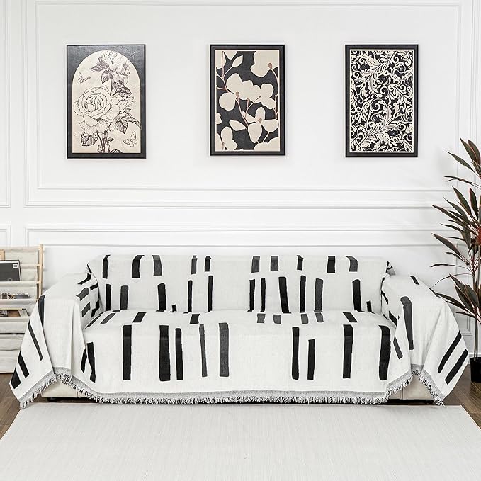 MYSKY HOME Sofa Covers for Sectional Sofa, Couch Cover for Dogs, Couch Covers with Tassel Loveseat Covers Futon Cover L Shaped Cover Washable Chenille Couch Protector, 71" x 134", Black Piano Key