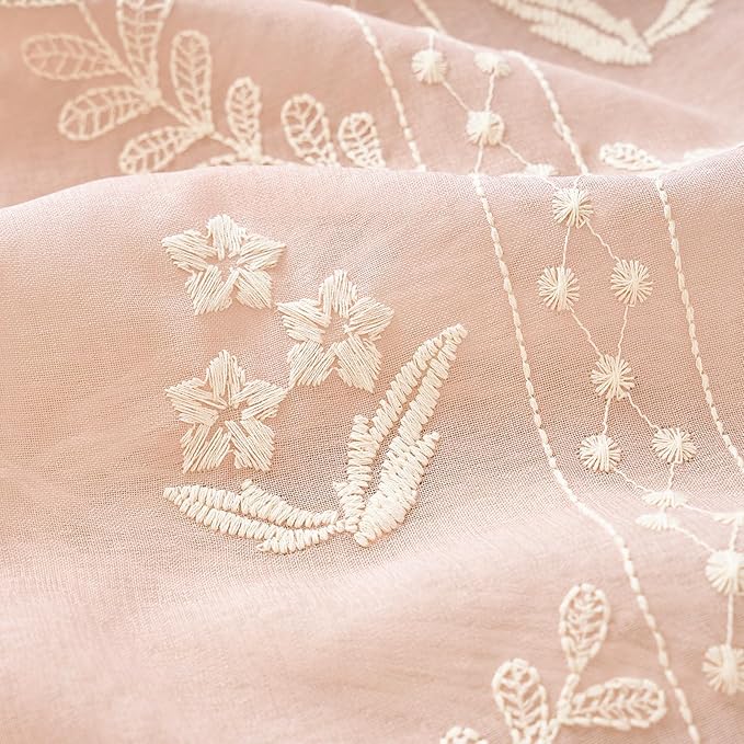 jinchan Belrose Pink Floral Sheer Curtains for Living Room 96 Inch Long Voile Embroidered Farmhouse Curtains for Bedroom Ivory Flower Patterned Rod Pocket Window Treatments, 2 Panels Pink
