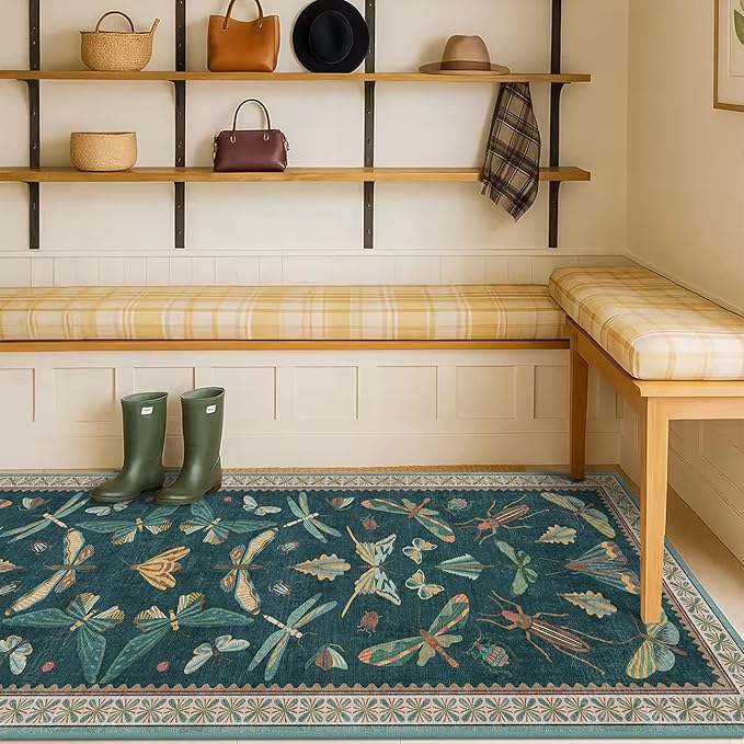 Hazo Haus Wide Runner Rug for Hallway 2'6"x8' - Green Runner Rug for Kitchen, Hall Way, Washable Foldable Boho Insect Deor
