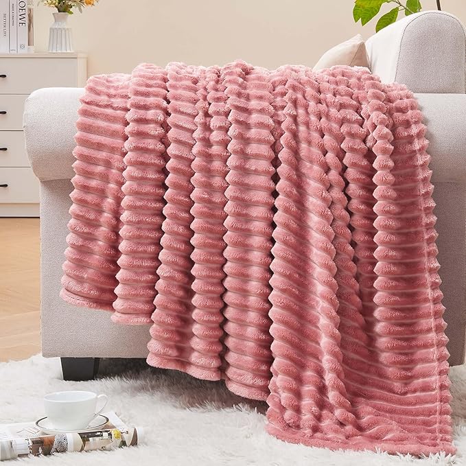 BEDELITE Fleece Blanket Twin Size – 3D Ribbed Jacquard Soft and Warm Decorative Fuzzy Blankets – Cozy, Fluffy, Plush Lightweight Throw Blankets for Couch, Bed, Sofa(Pink, 60x80 inches)
