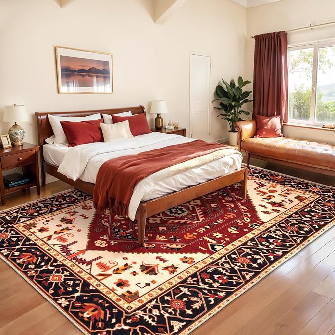 SERISSA 6x9 Area Rugs for Living Room, Large Washable Non-Slip Boho Rug, Ultra Soft Vintage Red Black Oriental Tribal Print Distressed Carpet for Dining Room Bedroom Dorm Office Home Decor