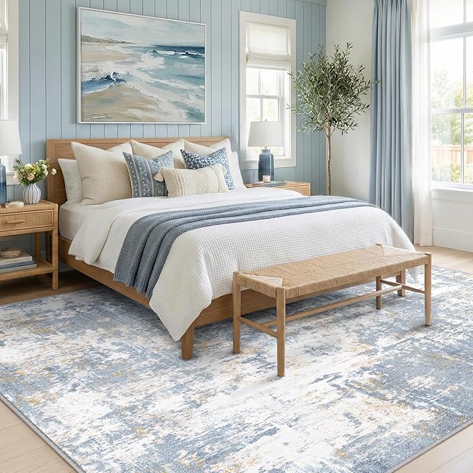 Washable Area Rugs 8'x10' Non-Slip Modern Abstract Soft for Living Room Entryway Bedroom Nursery, Print Pattern, Light Blue
