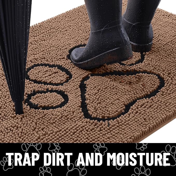 Smiry Dog Door Mat for Muddy Paws, Absorbent Dirt Trapper Non Slip Quick Dry Washable Chenille Mat for Mud Dogs, Entry Rug for Indoor and Outdoor (30x20 Inches, Coffee and Black)