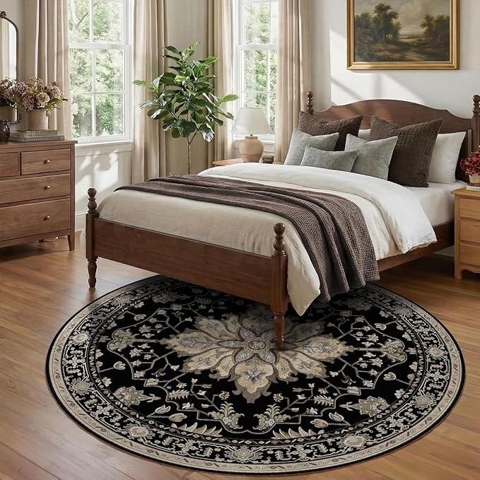 Area Rugs 8ft Washable Non-Slip, Floral Vintage Distress Print Pattern Medallion Carpet for Living Room Bedroom Dining Room, Black Brown Neutral Dark Tan