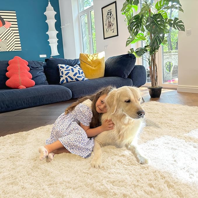 OLANLY Area Rugs for Living Room Bedroom, Machine Washable 4x5.9 ft Soft Fluffy Shaggy Bedside Rug, Indoor Floor Carpet for Kids Girls and Boys, Dorms, Nursery Rooms, Home Decor Aesthetic, Cream