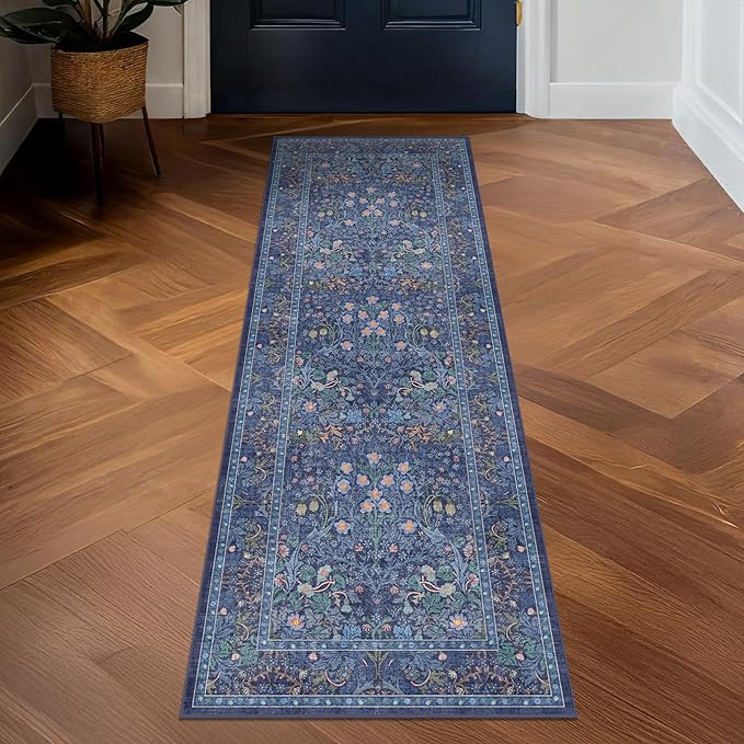 Non Slip Dark Blue 2x5 Runner Rug - Washable Small Throw Rugs for Kitchen, Entryway, Bathroom, Bedroom, Laundry Room, Hallway, Dusky Navy Vintage Oriental Décor
