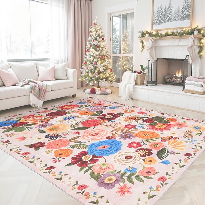 Pink/Beige Living Room Rugs, Area Rugs 5x8 Rug for Bedroom Ultra-Thin Soft, Non-Slip Washable Rugs Stain Resistant Boho Rug Low-Pile Throw Rug for ‎Dining Room Office (5 x 8, Beige/Pink)