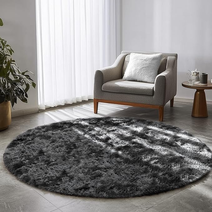 Amdrebio Tie-Dyed Dark Grey Round Area Rugs for Living Room, 6x6 Rug, Soft Thick Large Circle Rug for Bedroom, Big Shag Fluffy Fuzzy Carpet for Mens Boys Kids Room, Modern Cool Floor Circular Rug