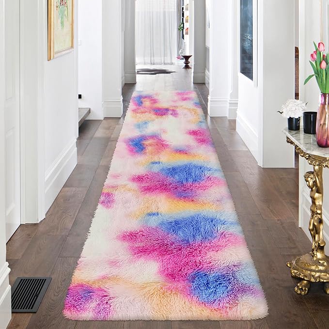Fluffy Colorful Rug for Bedroom 2x8 ft Kawaii Tie-Dyed Area Rug Non Slip Cute Unicorn Kids Runner Rug for Girls Princess Teens Living Room Playroom Baby Nursery Decor Carpets