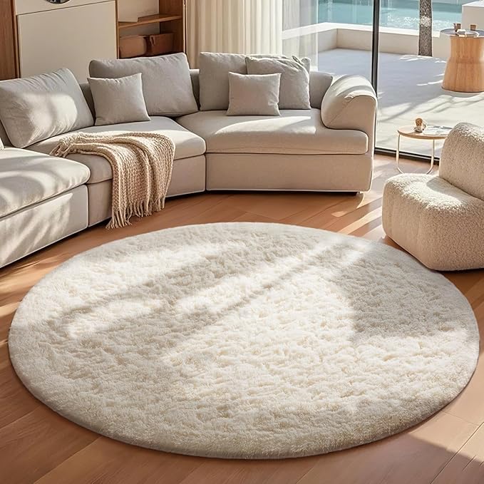 Ophanie Round Rugs 7Ft Ivory Circle Area Rug, Aesthetic Room Decor, Fluffy Fuzzy Bedroom Carpet, Plush Soft Shaggy Cream Living Room Rugs for Kids Home Decor, Nursery