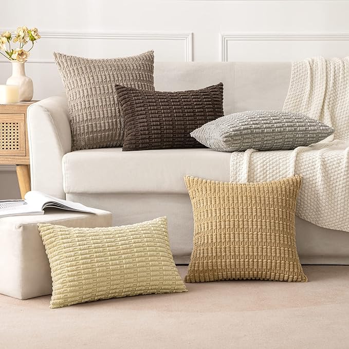 MIULEE Pack of 2 Corduroy Decorative Euro Sham Throw Pillow Covers 24x24 Inch Soft Boho Striped Pillow Covers Modern Farmhouse Home Decor for Sofa Living Room Couch Bed Light Brown