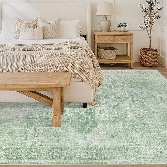 Area Rug 6x9 Washable Rug, Vintage Boho Medallion Rugs Non-Slip Soft Low Pile Large Distressed Rug Indoor Retro Carpet for Living Room Bedroom Dining Room Home Office (SageGreen, 6'x9')