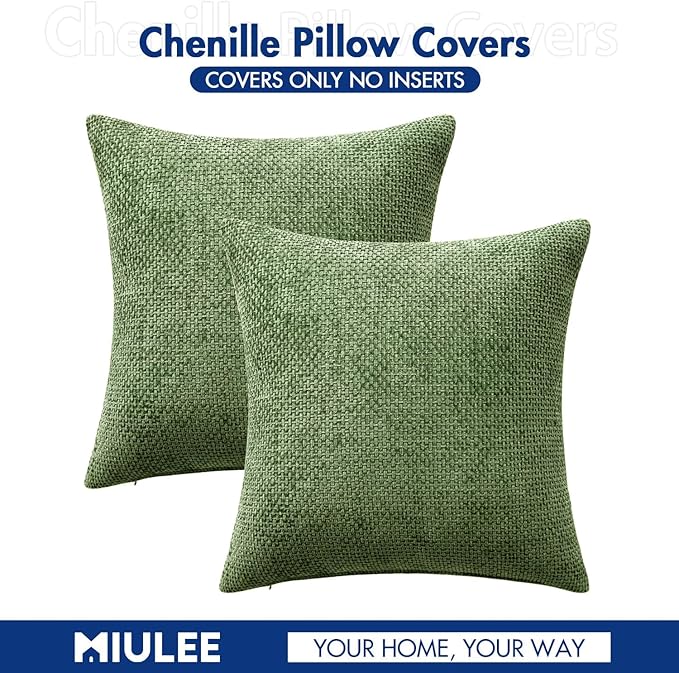 MIULEE Pack of 2 Couch Throw Pillow Covers 20x20 Inch Sage Green Modern Boho Accent Decorative Pillow Covers Soft Chenille Farmhouse Cushion Covers for Home Decor Bed Sofa Living Room